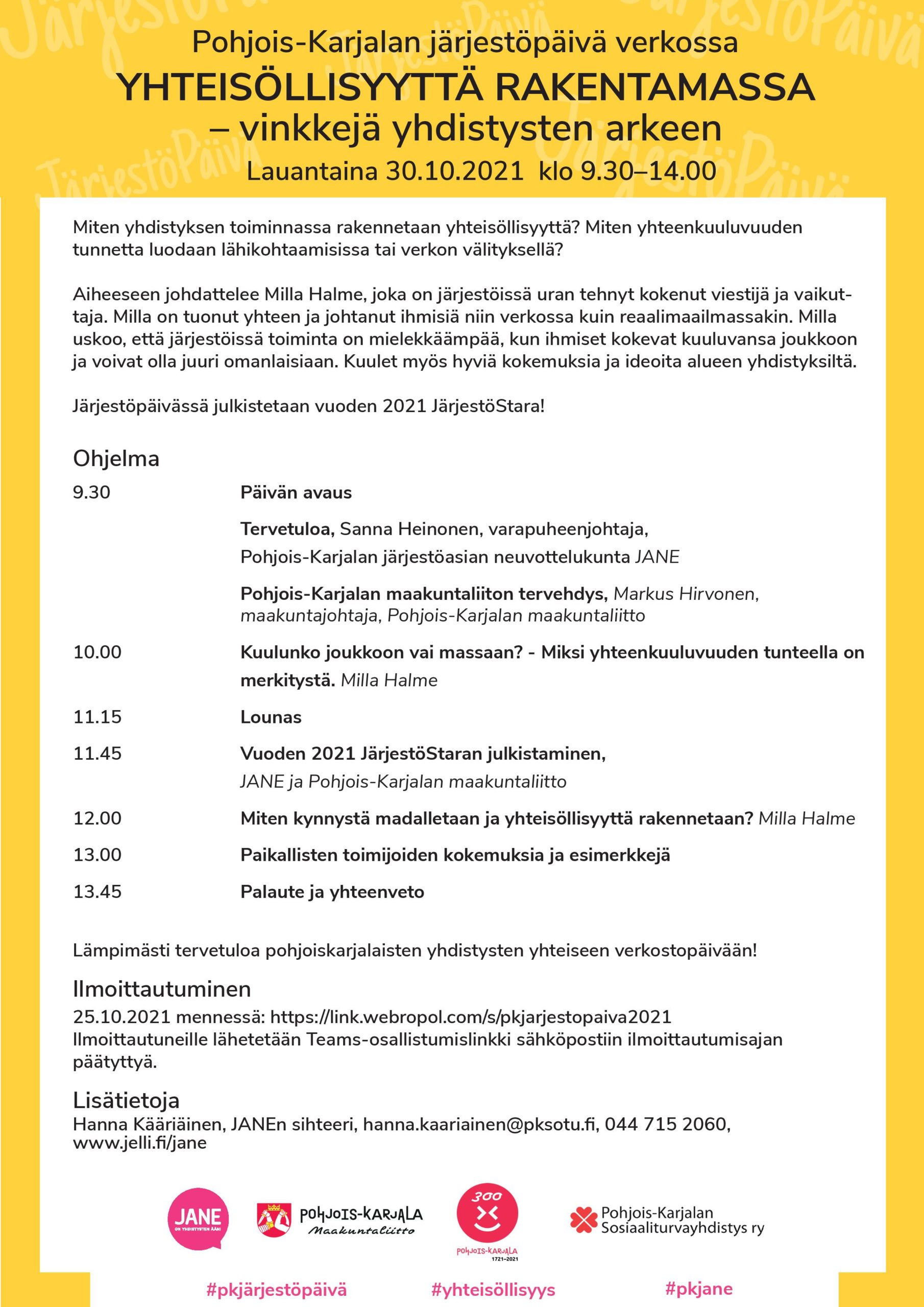 Pohjois-Karjalan järjestöpäivän ohjelma 30.10.2021