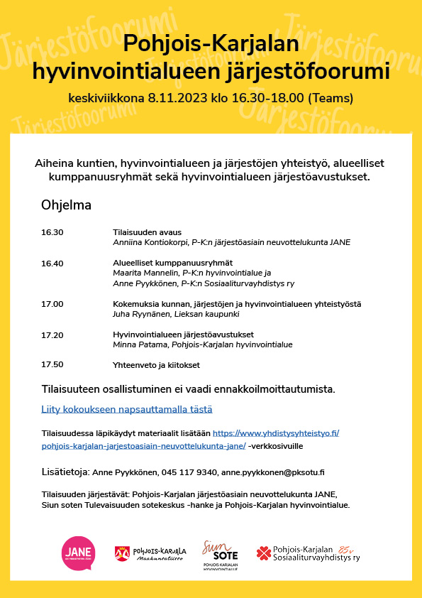 Hyvinvointialueen jörjestöfoorumin ohjelma 8.11.2023.