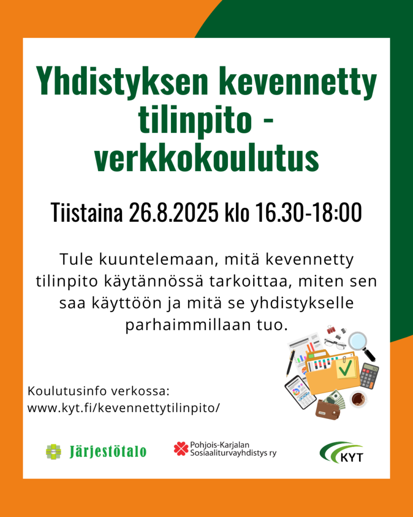 Yhdistyksen kevennetty tilinpito -koulutuksen 26.8.2025 mainos.