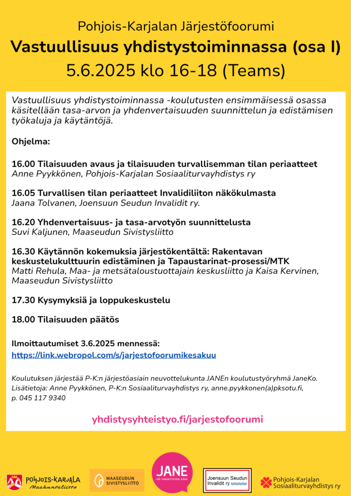 Vastuullisuus yhdistystoiminnassa -koulutuksen ohjelma, 5.6. klo 16-18.