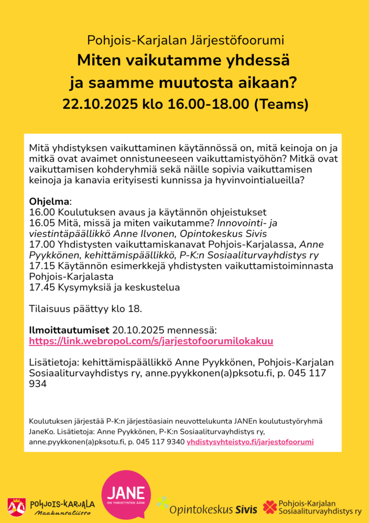 Miten vaikutamme yhdessä ja mitä vaikutuksia saamme aikaan -koultutus yhdistyksille 22.10. klo 16-18